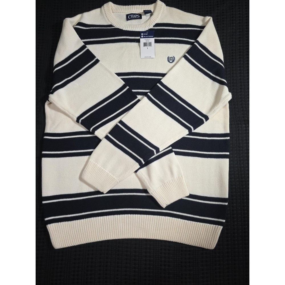 Chaps Men's Striped Crewneck Sweater Size L Cream Navy Blue NWT